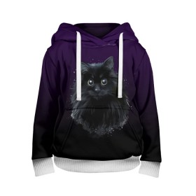 Детская толстовка 3D с принтом черный кот на фиолетовом фоне в Екатеринбурге, 100% полиэстер | двухслойный капюшон со шнурком для регулировки, мягкие манжеты на рукавах и по низу толстовки, спереди карман-кенгуру с мягким внутренним слоем | Тематика изображения на принте: акварель | глаза | клево | котейка | котенок | котик | котэ | кошак | кошка | красиво | любителю кошек | модно | мяу | подарок | пушистый | рисунок | стильно | темный | черный кот | шерсть