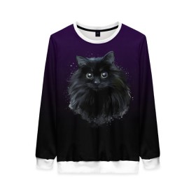 Женский свитшот 3D с принтом черный кот на фиолетовом фоне в Екатеринбурге, 100% полиэстер с мягким внутренним слоем | круглый вырез горловины, мягкая резинка на манжетах и поясе, свободная посадка по фигуре | акварель | глаза | клево | котейка | котенок | котик | котэ | кошак | кошка | красиво | любителю кошек | модно | мяу | подарок | пушистый | рисунок | стильно | темный | черный кот | шерсть