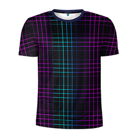Мужская футболка 3D спортивная с принтом Neon cell в Екатеринбурге, 100% полиэстер с улучшенными характеристиками | приталенный силуэт, круглая горловина, широкие плечи, сужается к линии бедра | геометрия | градиент | квадраты | клетка | клетчатый | линии | неоновый | полосы | популярный | разноцветный | решетка | сетка | текстура | фиолетовый | шотландка | яркий