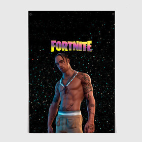 Постер с принтом Travis Scott, Fortnite в Екатеринбурге, 100% бумага
 | бумага, плотность 150 мг. Матовая, но за счет высокого коэффициента гладкости имеет небольшой блеск и дает на свету блики, но в отличии от глянцевой бумаги не покрыта лаком | Тематика изображения на принте: astronomical | epic games | fortnite | travis scott | ивент | ивент fortnite | концерт | концерт fortnite | скин travis scott | тревис | трэвис скотт | фортнайт