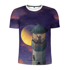 Мужская футболка 3D спортивная с принтом To the Moon 3D в Екатеринбурге, 100% полиэстер с улучшенными характеристиками | приталенный силуэт, круглая горловина, широкие плечи, сужается к линии бедра | lighthouse | moon | night | pair | silhouettes | stars | to the moon | звёзды | луна | маяк | ночь | пара | силуэты
