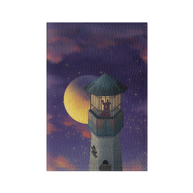 Обложка для паспорта матовая кожа с принтом To the Moon 3D в Екатеринбурге, натуральная матовая кожа | размер 19,3 х 13,7 см; прозрачные пластиковые крепления | Тематика изображения на принте: lighthouse | moon | night | pair | silhouettes | stars | to the moon | звёзды | луна | маяк | ночь | пара | силуэты