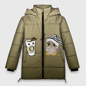 Женская зимняя куртка 3D с принтом сонная сова и кофе идеальное в Екатеринбурге, верх — 100% полиэстер; подкладка — 100% полиэстер; утеплитель — 100% полиэстер | длина ниже бедра, силуэт Оверсайз. Есть воротник-стойка, отстегивающийся капюшон и ветрозащитная планка. 

Боковые карманы с листочкой на кнопках и внутренний карман на молнии | Тематика изображения на принте: будильник | зомби | интроверт | кофейный | кофелюб | мультяшный | ночь | подъем | ранний | рано | рассвет | смена | соня