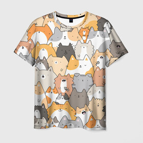 Мужская футболка 3D с принтом Кошачья стая в Екатеринбурге, 100% полиэфир | прямой крой, круглый вырез горловины, длина до линии бедер | кот | кошка. коты | кошки | кремовый | много животных | рыжий | серий | черный