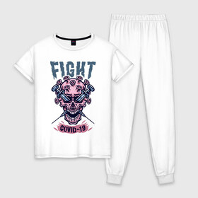 Женская пижама хлопок с принтом Fight Covid-19 в Екатеринбурге, 100% хлопок | брюки и футболка прямого кроя, без карманов, на брюках мягкая резинка на поясе и по низу штанин | 