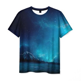 Мужская футболка 3D с принтом Ночное поле в Екатеринбурге, 100% полиэфир | прямой крой, круглый вырез горловины, длина до линии бедер | горы | звёздное небо | небо | ночь | облака | поле