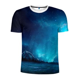 Мужская футболка 3D спортивная с принтом Ночное поле в Екатеринбурге, 100% полиэстер с улучшенными характеристиками | приталенный силуэт, круглая горловина, широкие плечи, сужается к линии бедра | горы | звёздное небо | небо | ночь | облака | поле