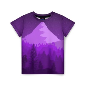 Детская футболка 3D с принтом Ночные горы в Екатеринбурге, 100% гипоаллергенный полиэфир | прямой крой, круглый вырез горловины, длина до линии бедер, чуть спущенное плечо, ткань немного тянется | Тематика изображения на принте: горы | звёздное небо | звёзды | лес | небо | ночь | фиолетовый