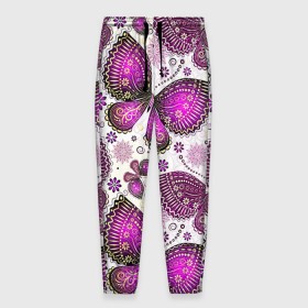 Мужские брюки 3D с принтом Фиолетовые бабочки в Екатеринбурге, 100% полиэстер | манжеты по низу, эластичный пояс регулируется шнурком, по бокам два кармана без застежек, внутренняя часть кармана из мелкой сетки | бабочка | фиолетовый | цветы