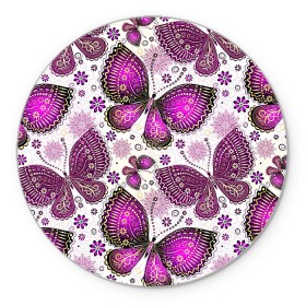 Коврик для мышки круглый с принтом Фиолетовые бабочки в Екатеринбурге, резина и полиэстер | круглая форма, изображение наносится на всю лицевую часть | бабочка | фиолетовый | цветы