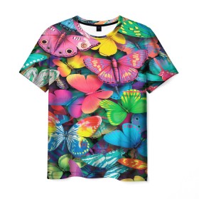 Мужская футболка 3D с принтом Радужный рой в Екатеринбурге, 100% полиэфир | прямой крой, круглый вырез горловины, длина до линии бедер | бабочка | бабочки | белый | бирюзовый | зеленый | красный | розовый | серый | синий | фиолетовый | яркий цвет