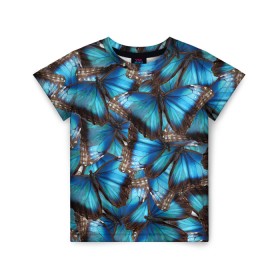 Детская футболка 3D с принтом Небесный рой в Екатеринбурге, 100% гипоаллергенный полиэфир | прямой крой, круглый вырез горловины, длина до линии бедер, чуть спущенное плечо, ткань немного тянется | бабочка | бабочки | белый | синий | черный | яркий цвет