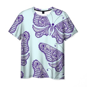 Мужская футболка 3D с принтом Гжелевые бабочки в Екатеринбурге, 100% полиэфир | прямой крой, круглый вырез горловины, длина до линии бедер | бабочки | бирюзовый | гжель | синий