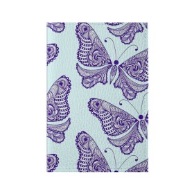 Обложка для паспорта матовая кожа с принтом Гжелевые бабочки в Екатеринбурге, натуральная матовая кожа | размер 19,3 х 13,7 см; прозрачные пластиковые крепления | бабочки | бирюзовый | гжель | синий