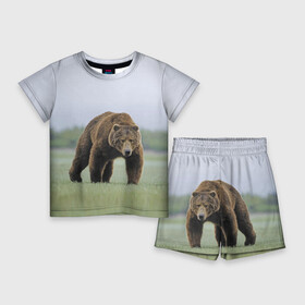 Детский костюм с шортами 3D с принтом Россия в Екатеринбурге,  |  | bear | field | fur | muzzle | nature | paws | russia | лапы | медведь | поле | природа | россия
