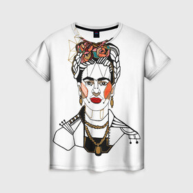 Женская футболка 3D с принтом Фрида Кало  в Екатеринбурге, 100% полиэфир ( синтетическое хлопкоподобное полотно) | прямой крой, круглый вырез горловины, длина до линии бедер | кало | картинки | популярные | прикольные | фрида | цветы | человек