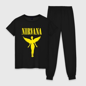 Женская пижама хлопок с принтом NIRVANA в Екатеринбурге, 100% хлопок | брюки и футболка прямого кроя, без карманов, на брюках мягкая резинка на поясе и по низу штанин | nirvana | nirvana smells | nirvana smells like | teen spirit | курт кобейн | нирвана | нирвана песни.