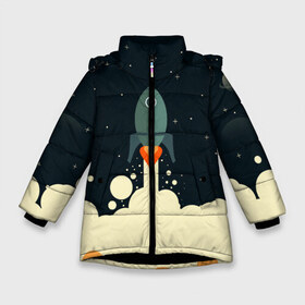 Зимняя куртка для девочек 3D с принтом ракета дым космос в Екатеринбурге, ткань верха — 100% полиэстер; подклад — 100% полиэстер, утеплитель — 100% полиэстер. | длина ниже бедра, удлиненная спинка, воротник стойка и отстегивающийся капюшон. Есть боковые карманы с листочкой на кнопках, утяжки по низу изделия и внутренний карман на молнии. 

Предусмотрены светоотражающий принт на спинке, радужный светоотражающий элемент на пуллере молнии и на резинке для утяжки. | вверх | взлет | графика | детский | дым | космос | минимализм | ракета | рисунок | старт