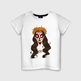 Детская футболка хлопок с принтом Миктлансиуатль в Екатеринбурге, 100% хлопок | круглый вырез горловины, полуприлегающий силуэт, длина до линии бедер | белый | девушка | день мёртвых | красный | оранжевый | роза | цветы | череп | черный