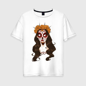 Женская футболка хлопок Oversize с принтом Миктлансиуатль в Екатеринбурге, 100% хлопок | свободный крой, круглый ворот, спущенный рукав, длина до линии бедер
 | белый | девушка | день мёртвых | красный | оранжевый | роза | цветы | череп | черный