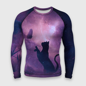 Мужской рашгард 3D с принтом Бабочка кот силуэт фиолетовый в Екатеринбурге,  |  | Тематика изображения на принте: арт | бабочка | графика | дым | звезды | космос | кот | молния | образ | персонаж | рисунок | силуэт | сиреневый | туман | фантастика | фиолетовый | фэнтези | черная кошка | чернильный