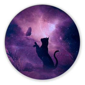 Коврик для мышки круглый с принтом Бабочка кот силуэт фиолетовый в Екатеринбурге, резина и полиэстер | круглая форма, изображение наносится на всю лицевую часть | арт | бабочка | графика | дым | звезды | космос | кот | молния | образ | персонаж | рисунок | силуэт | сиреневый | туман | фантастика | фиолетовый | фэнтези | черная кошка | чернильный