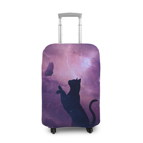 Чехол для чемодана 3D с принтом Бабочка кот силуэт фиолетовый в Екатеринбурге, 86% полиэфир, 14% спандекс | двустороннее нанесение принта, прорези для ручек и колес | арт | бабочка | графика | дым | звезды | космос | кот | молния | образ | персонаж | рисунок | силуэт | сиреневый | туман | фантастика | фиолетовый | фэнтези | черная кошка | чернильный