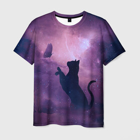 Мужская футболка 3D с принтом Бабочка кот силуэт фиолетовый в Екатеринбурге, 100% полиэфир | прямой крой, круглый вырез горловины, длина до линии бедер | арт | бабочка | графика | дым | звезды | космос | кот | молния | образ | персонаж | рисунок | силуэт | сиреневый | туман | фантастика | фиолетовый | фэнтези | черная кошка | чернильный