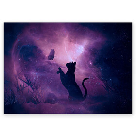 Поздравительная открытка с принтом Бабочка кот силуэт фиолетовый в Екатеринбурге, 100% бумага | плотность бумаги 280 г/м2, матовая, на обратной стороне линовка и место для марки
 | арт | бабочка | графика | дым | звезды | космос | кот | молния | образ | персонаж | рисунок | силуэт | сиреневый | туман | фантастика | фиолетовый | фэнтези | черная кошка | чернильный
