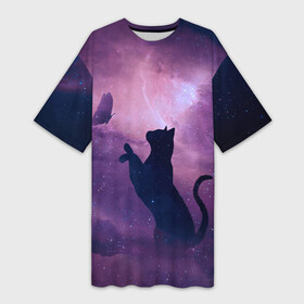 Платье-футболка 3D с принтом Бабочка кот силуэт фиолетовый в Екатеринбурге,  |  | арт | бабочка | графика | дым | звезды | космос | кот | молния | образ | персонаж | рисунок | силуэт | сиреневый | туман | фантастика | фиолетовый | фэнтези | черная кошка | чернильный