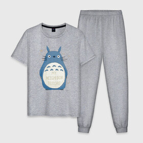 Мужская пижама хлопок с принтом My Neighbor Totoro синий заяц в Екатеринбурге, 100% хлопок | брюки и футболка прямого кроя, без карманов, на брюках мягкая резинка на поясе и по низу штанин
 | Тематика изображения на принте: totoro | аниме | мой сосед тоторо | мультфильм | тоторо | фэнтези | хаяо миядзаки