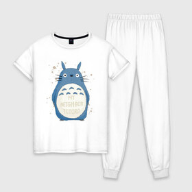 Женская пижама хлопок с принтом My Neighbor Totoro в Екатеринбурге, 100% хлопок | брюки и футболка прямого кроя, без карманов, на брюках мягкая резинка на поясе и по низу штанин | Тематика изображения на принте: totoro | аниме | мой сосед тоторо | мультфильм | тоторо | фэнтези | хаяо миядзаки