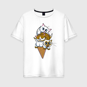 Женская футболка хлопок Oversize с принтом Ice Cream Cats в Екатеринбурге, 100% хлопок | свободный крой, круглый ворот, спущенный рукав, длина до линии бедер
 | animal | cat | cute | kitty | meow | друг | еда | животные | киска | китти | кот | котенок | котик | кошечка | кошка | лев | леопард | милый | мороженое | мур | мяу | пантера | питомец | рысь | тигр | улыбка