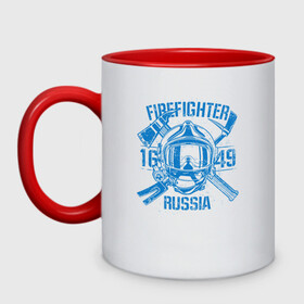 Кружка двухцветная с принтом FIREFIGHTER RUSSIA в Екатеринбурге, керамика | объем — 330 мл, диаметр — 80 мм. Цветная ручка и кайма сверху, в некоторых цветах — вся внутренняя часть | 112 | 23 февраля | 27 декабря | firefighter | герб | гкчс | знак | лого | логотип | министерство | мчс | мчс россии | мчсник | по чрезв | пожарная охрана | пожарник | пожарный | пч | россии | рф | символ | ситуации