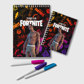 Блокнот с принтом TRAVIS SCOTT+FORTNITE в Екатеринбурге, 100% бумага | 48 листов, плотность листов — 60 г/м2, плотность картонной обложки — 250 г/м2. Листы скреплены удобной пружинной спиралью. Цвет линий — светло-серый
 | Тематика изображения на принте: america | astro jack | astroworld | cactus jack | fortnite | fortnite 2 | fortnite х | rap | travis scott | usa | wish you were here | америка | астро джек | зарубежный реп | кактус джек | реп | сша | трэвис скотт | фортнайт | фортнайт 2