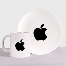 Набор: тарелка + кружка с принтом Apple в Екатеринбурге, керамика | Кружка: объем — 330 мл, диаметр — 80 мм. Принт наносится на бока кружки, можно сделать два разных изображения. 
Тарелка: диаметр - 210 мм, диаметр для нанесения принта - 120 мм. | apple | техника | яблоко