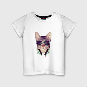 Детская футболка хлопок с принтом кот в очках и наушниках в Екатеринбурге, 100% хлопок | круглый вырез горловины, полуприлегающий силуэт, длина до линии бедер | кот | кошка | мода | модник | мятный | наушники | очки | реализм | салатный | фото | хипстер | черный