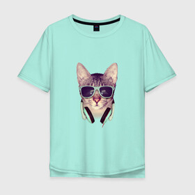 Мужская футболка хлопок Oversize с принтом кот в очках и наушниках в Екатеринбурге, 100% хлопок | свободный крой, круглый ворот, “спинка” длиннее передней части | кот | кошка | мода | модник | мятный | наушники | очки | реализм | салатный | фото | хипстер | черный