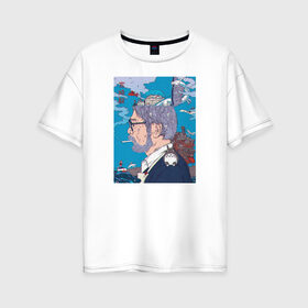 Женская футболка хлопок Oversize с принтом Хаяо Миядзаки в Екатеринбурге, 100% хлопок | свободный крой, круглый ворот, спущенный рукав, длина до линии бедер
 | hayao miyazaki | аниме | гибли | студия ghibli | хаяо миядзаки