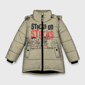 Зимняя куртка для девочек 3D с принтом STACKS ON STACKS в Екатеринбурге, ткань верха — 100% полиэстер; подклад — 100% полиэстер, утеплитель — 100% полиэстер. | длина ниже бедра, удлиненная спинка, воротник стойка и отстегивающийся капюшон. Есть боковые карманы с листочкой на кнопках, утяжки по низу изделия и внутренний карман на молнии. 

Предусмотрены светоотражающий принт на спинке, радужный светоотражающий элемент на пуллере молнии и на резинке для утяжки. | bamm bamm rubble | barney rubble | bedrock | betty rubble | dino | flintstones | fred flintstone | hoppy | pebbles | stone age | vdgerir | wilma | флинстоун | флинтстоун
