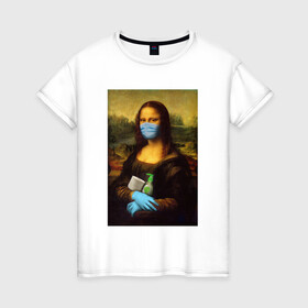 Женская футболка хлопок с принтом Mona Lisa в Екатеринбурге, 100% хлопок | прямой крой, круглый вырез горловины, длина до линии бедер, слегка спущенное плечо | coronavirus | da | gioconda | gloves | la | leonardo | lisa | mask | mona | renaissance | smile | vinci | virus | винчи | вирус | да | джоконда | леонардо | лиза | маска | мона | ренессанс | улыбка
