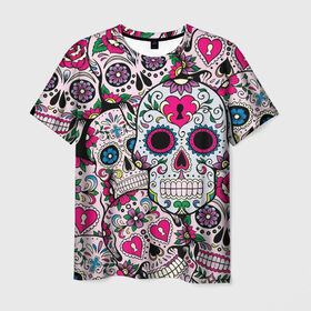 Мужская футболка 3D с принтом Весёлые черепа в Екатеринбурге, 100% полиэфир | прямой крой, круглый вырез горловины, длина до линии бедер | doodling | textures | tiles | белый | день мёртвых | дудлинг | желтый | звезды | зеленый | красный | кремовый | розовый | синий | тайлы | текстуры | фон | цветы | череп | черепа | черный