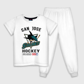 Детская пижама хлопок с принтом SAN JOSE SHARKS в Екатеринбурге, 100% хлопок |  брюки и футболка прямого кроя, без карманов, на брюках мягкая резинка на поясе и по низу штанин
 | hockey | nhl | san jose | sharks | sport | usa | акулы | надпись | нхл | сан хосе | символы | сообщение | спорт | сша | текст | фраза | хоккей | цитаты | шайбу