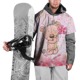 Накидка на куртку 3D с принтом Милый мишка с цветочком в Екатеринбурге, 100% полиэстер |  | воробушек | воробьи | медведь | медвежонок | мишка | плюшевый мишка | подарок | птичка | цветок | цветочки