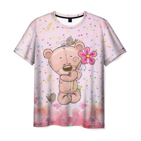 Мужская футболка 3D с принтом Милый мишка с цветочком в Екатеринбурге, 100% полиэфир | прямой крой, круглый вырез горловины, длина до линии бедер | воробушек | воробьи | медведь | медвежонок | мишка | плюшевый мишка | подарок | птичка | цветок | цветочки