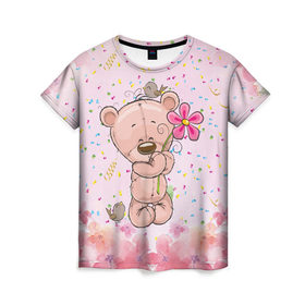 Женская футболка 3D с принтом Милый мишка с цветочком в Екатеринбурге, 100% полиэфир ( синтетическое хлопкоподобное полотно) | прямой крой, круглый вырез горловины, длина до линии бедер | воробушек | воробьи | медведь | медвежонок | мишка | плюшевый мишка | подарок | птичка | цветок | цветочки