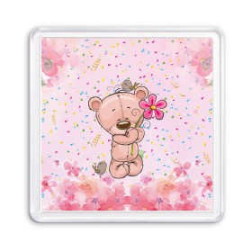 Магнит 55*55 с принтом Милый мишка с цветочком в Екатеринбурге, Пластик | Размер: 65*65 мм; Размер печати: 55*55 мм | воробушек | воробьи | медведь | медвежонок | мишка | плюшевый мишка | подарок | птичка | цветок | цветочки