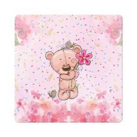 Магнит виниловый Квадрат с принтом Милый мишка с цветочком в Екатеринбурге, полимерный материал с магнитным слоем | размер 9*9 см, закругленные углы | Тематика изображения на принте: воробушек | воробьи | медведь | медвежонок | мишка | плюшевый мишка | подарок | птичка | цветок | цветочки