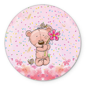Коврик для мышки круглый с принтом Милый мишка с цветочком в Екатеринбурге, резина и полиэстер | круглая форма, изображение наносится на всю лицевую часть | воробушек | воробьи | медведь | медвежонок | мишка | плюшевый мишка | подарок | птичка | цветок | цветочки