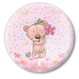 Значок с принтом Милый мишка с цветочком в Екатеринбурге,  металл | круглая форма, металлическая застежка в виде булавки | воробушек | воробьи | медведь | медвежонок | мишка | плюшевый мишка | подарок | птичка | цветок | цветочки